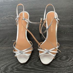 Badgley Mischka Leather Strappy Silver Heeled Sandal